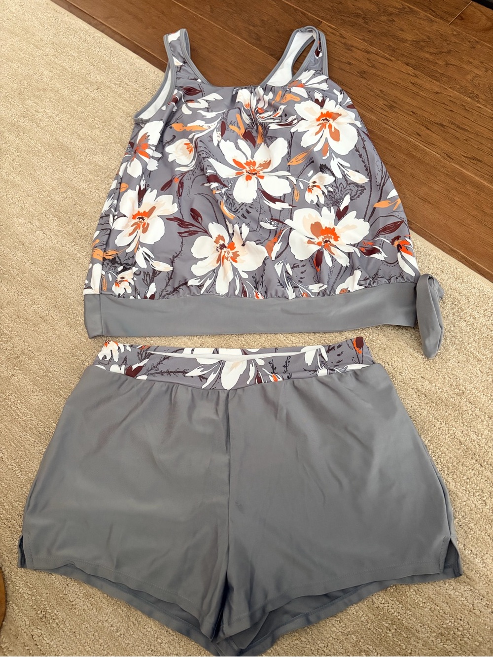 Modlily Gray Floral Swimsuit Shorts Set